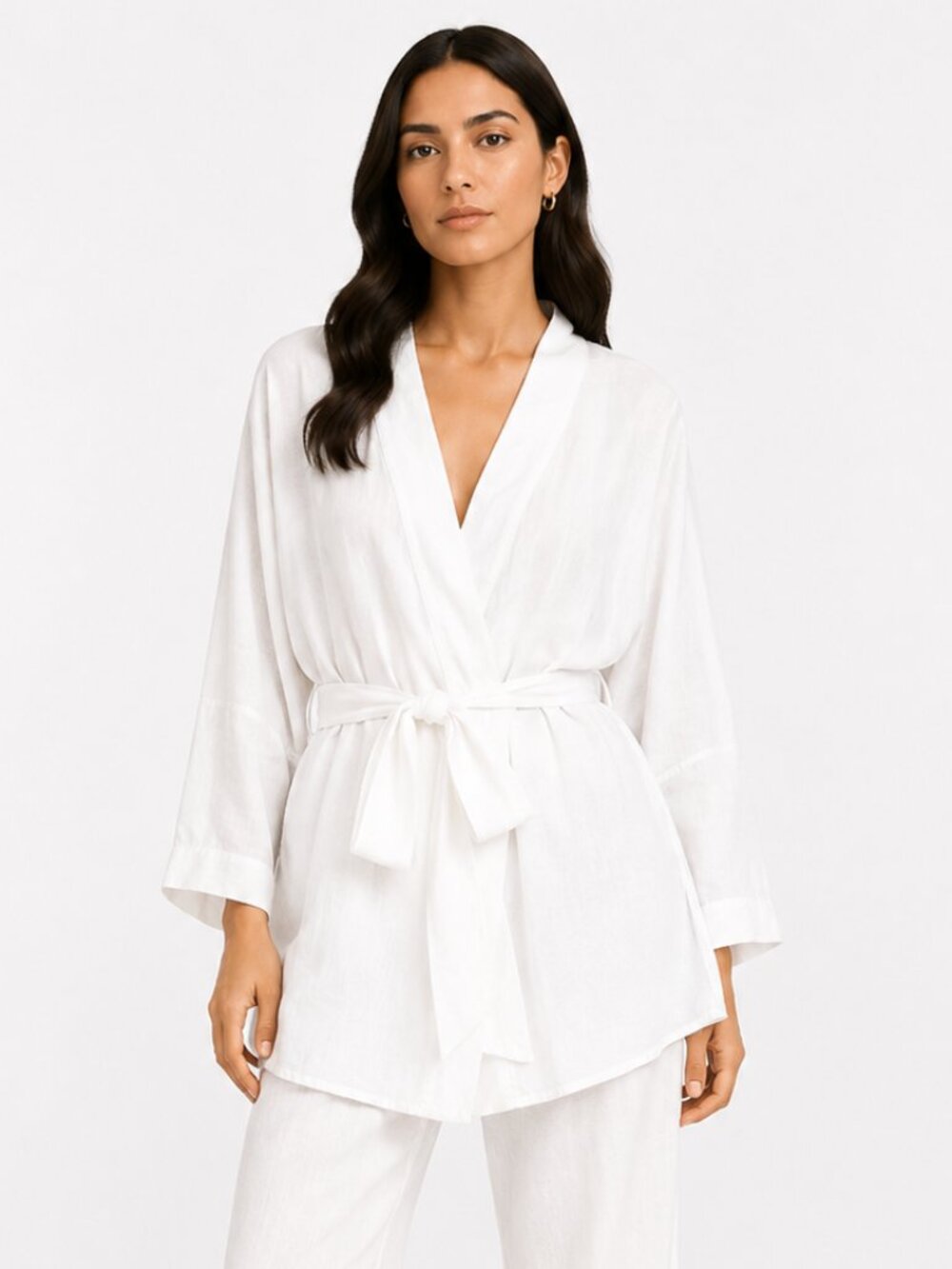 HANRO WHITE WRAP SURPLICE BELTED TUNIC KIMONO ROBE - XS
